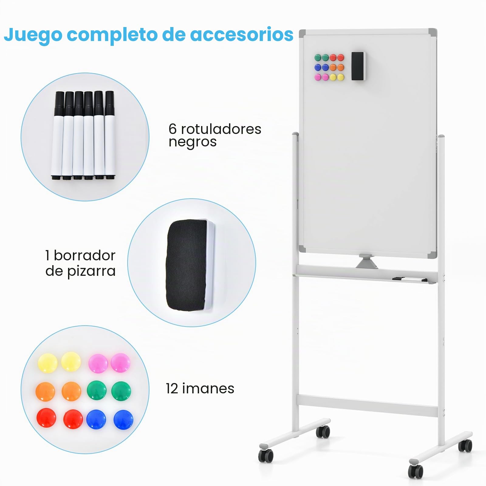 LIFEZEAL Pizarra Blanca con Soporte, 90x60cm, Pizarra Móvil con Doble Cara, Altura Ajustable 151/178 cm, Giratoria 360°, Pizarra Magnética con Ruedas Bloqueables para Oficina, Escuela, Hogar (Blanco)