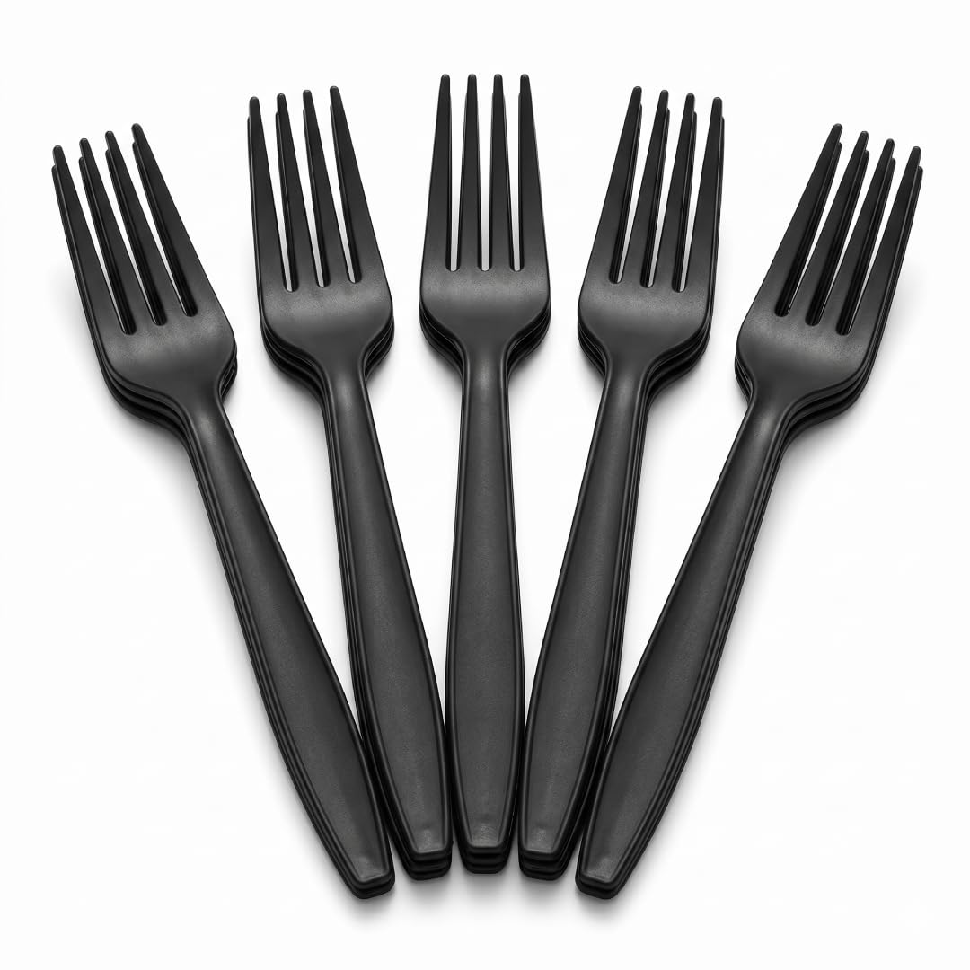 Venuscello® 100 x Tithe Black Plastic Forks Heavy Duty Reusable Strong Grip Lightweight Cutlery for Party BBQ Salad Fruits Snacks Picnic Catering Weddings & Events