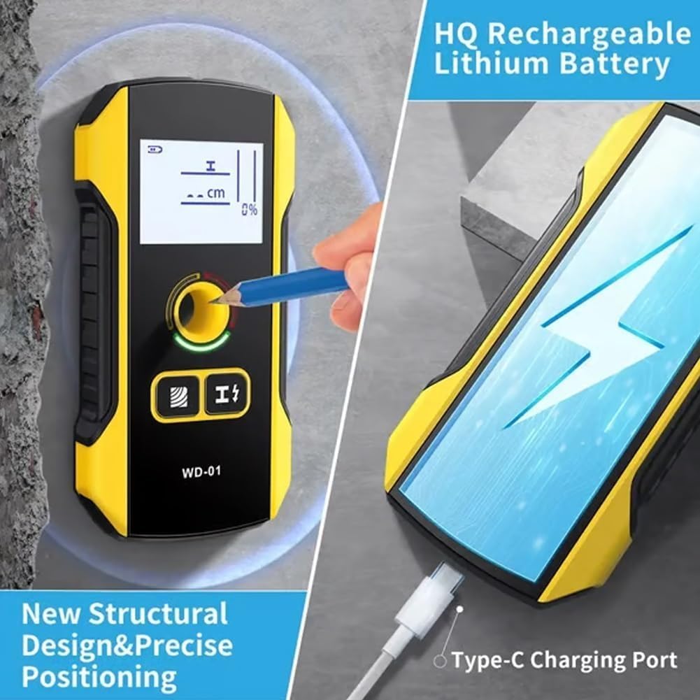 Detector de vigas de precisión con escáner de pared para cables metálicos, tuberías y vigas con pantalla LCD, orificio de posicionamiento de 120 mm, resistente a los golpes y recargable
