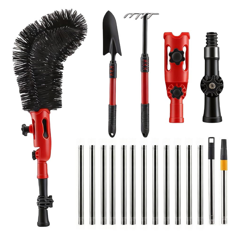 Wxeadu Gutter Cleaning Tools, 4M/13FT Telescopic Gutter Cleaner, Extendable Gutter Cleaning Brush with Shovel & Rake, Adjustable Angle Pole Gutter Brush with 13 Poles for Removes Leaf Debris