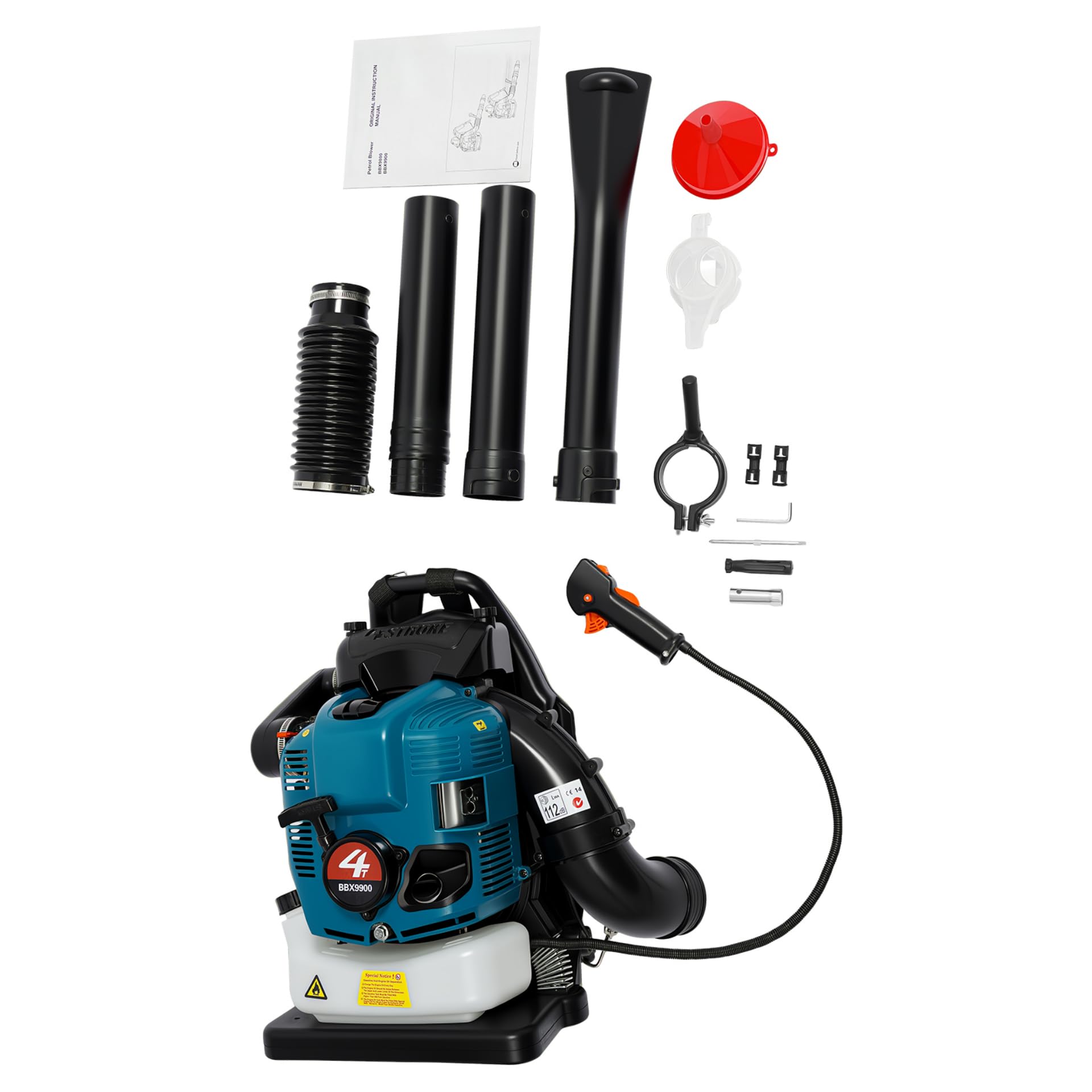Mochila sopladora de gasolina, motor de 4 tiempos, 2,6 kW, 7000 rpm, depósito de 1,9 l, salida ignífuga ajustable 180°, para follaje y nieve, estructura ligera de 27,3 kg, sistema de