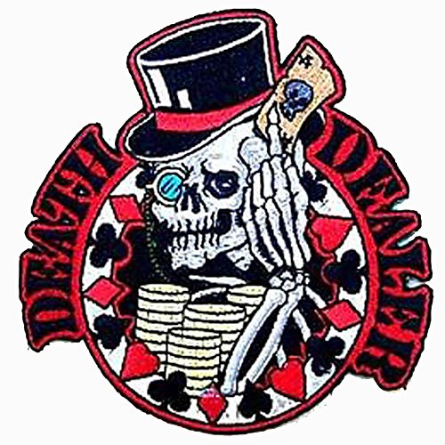 Death Dealer Skeleton Top Hat Poker Cards Novelty Embroidered Biker Jacket Patch - Iron on Backing