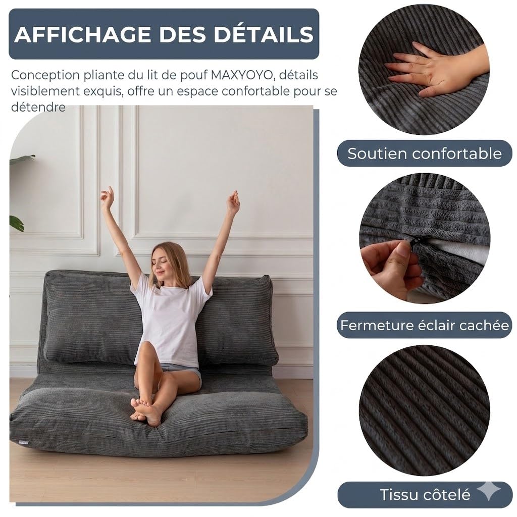 MAXYOYO Pouf pliable en velours côtelé avec rembourrage en mousse, extra épais, 4 couches, matelas/canapé de sol pour adultes, housse amovible et lavable en machine, anthracite, 135 x 240 cm