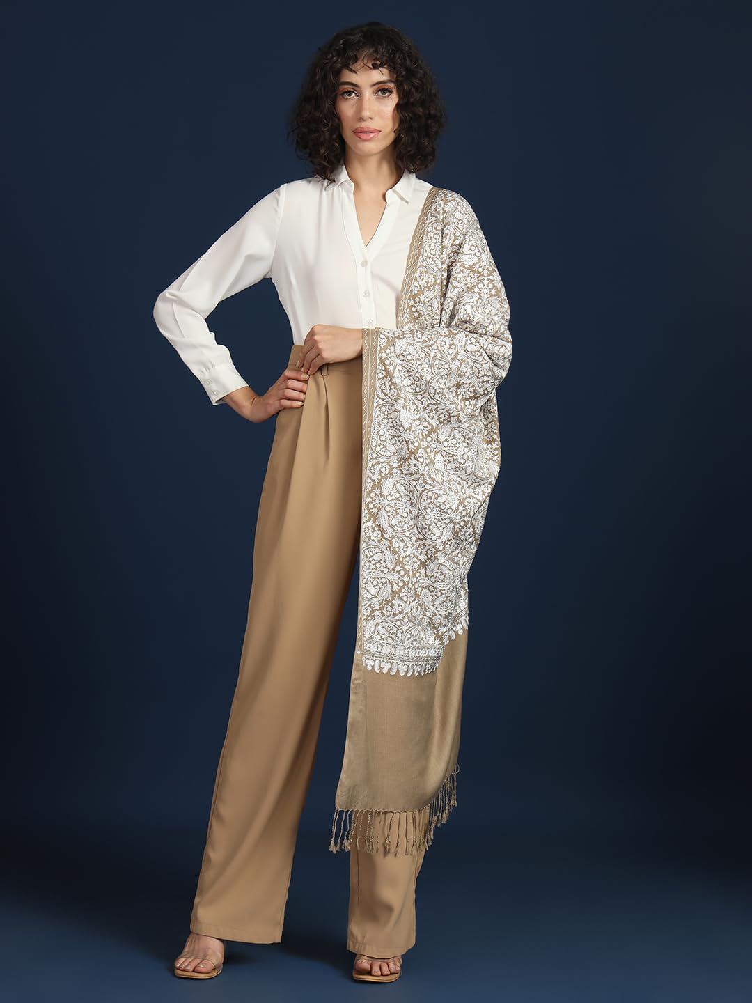 Zamour Indian Embroidery Stole Scarf Wrap, Indo Western Patterns, Warm Shawl with Aari Nalki Embroidery 30x80 inches