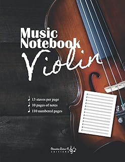 Music notebook Violin: v1-1 Large blank sheet music whith 13 staves per page with index for violin violinist | 110 numbered pages + title | violoin picture