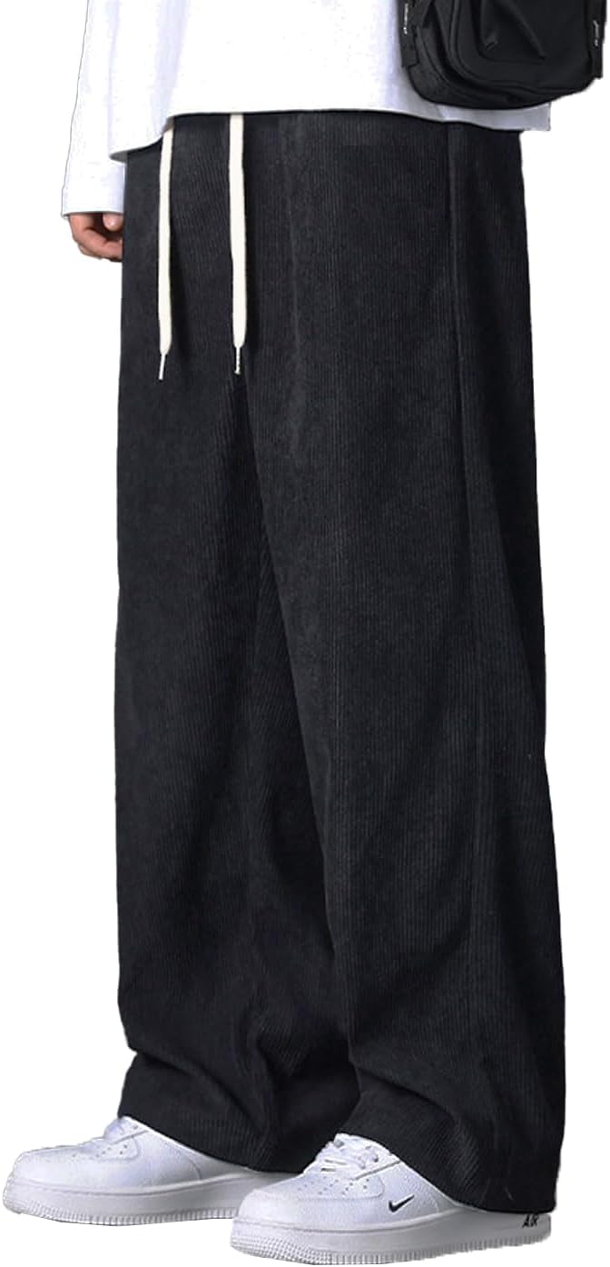 Men's Corduroy Pants Elastic Waist Drawstring Baggy Pants Fashion Loose Casual Long Trousers with Pockets