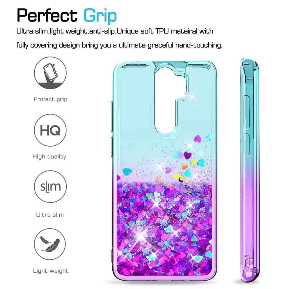 LeYi Per Redmi Note 8 Pro: Cover Con Vetro Temperato E Brillantini Glitter – Custodia Rigida 3D Con Bumper In Silicone, Turchese/Viola Sfumato