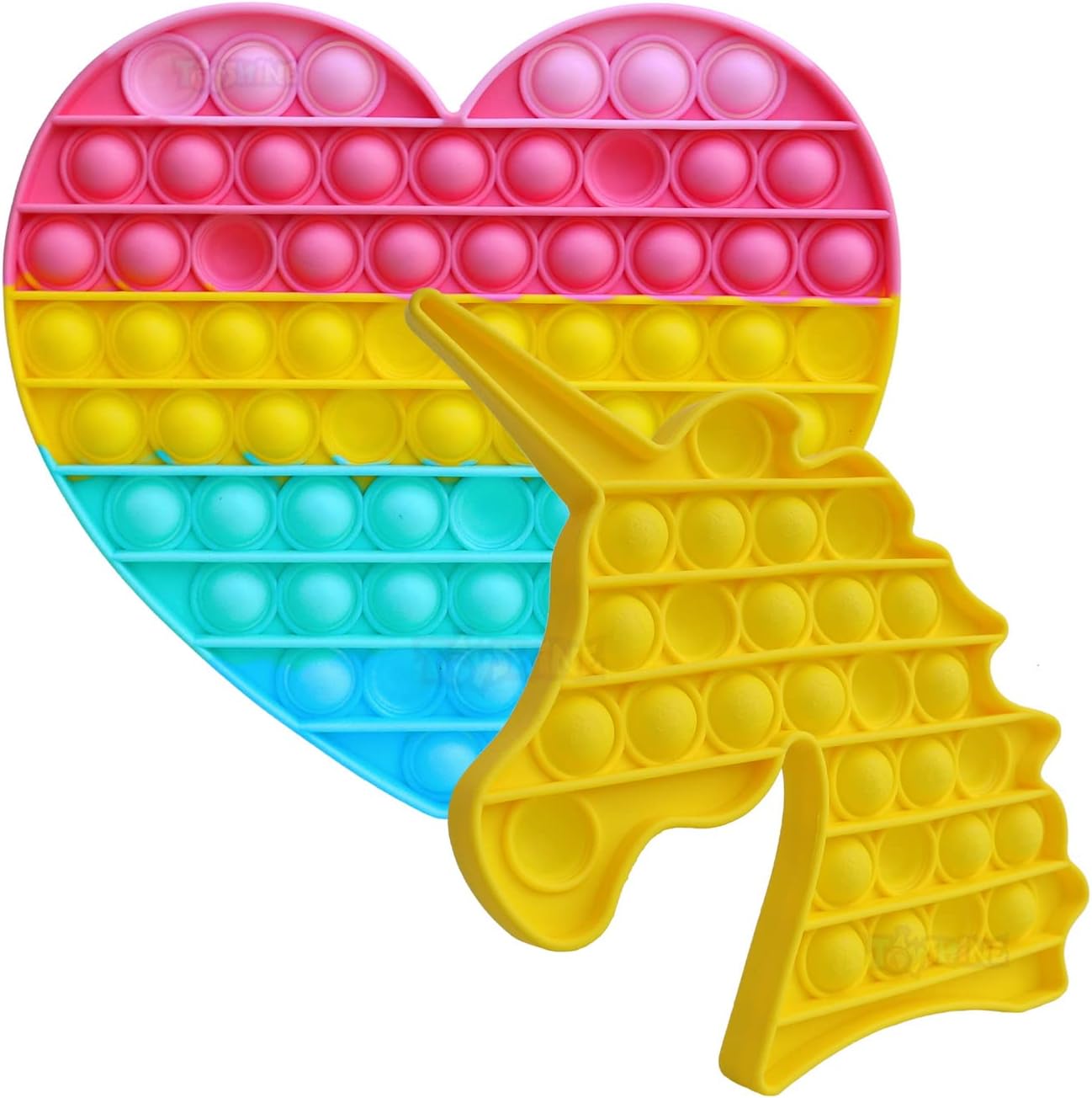 Toyshine Pack of 2- Big Heart (63 Bubbles) and Unicorn (28 Bubbles) Pop it Popping Sounds Toy, Push Bubbles for Autism Stress Reliever, Sensory Pop It Toy- Yellow Unicorn Mulitcolor Heart
