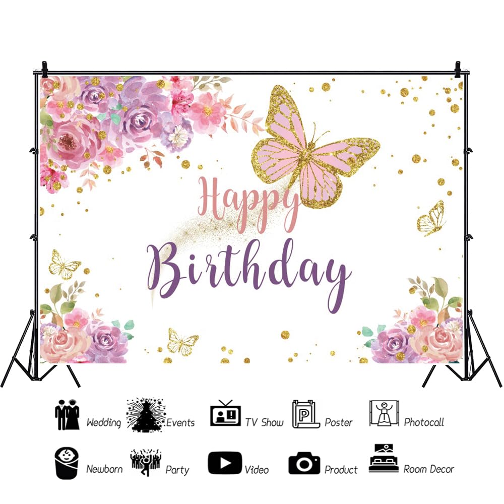 3,5x2,5m Sfondo di buon compleanno Sfondo di compleanno in oro rosa Ragazza floreale viola farfalla Sfondo fotografico di buon compleanno Adulti Bambini Ritratti Foto Puntelli