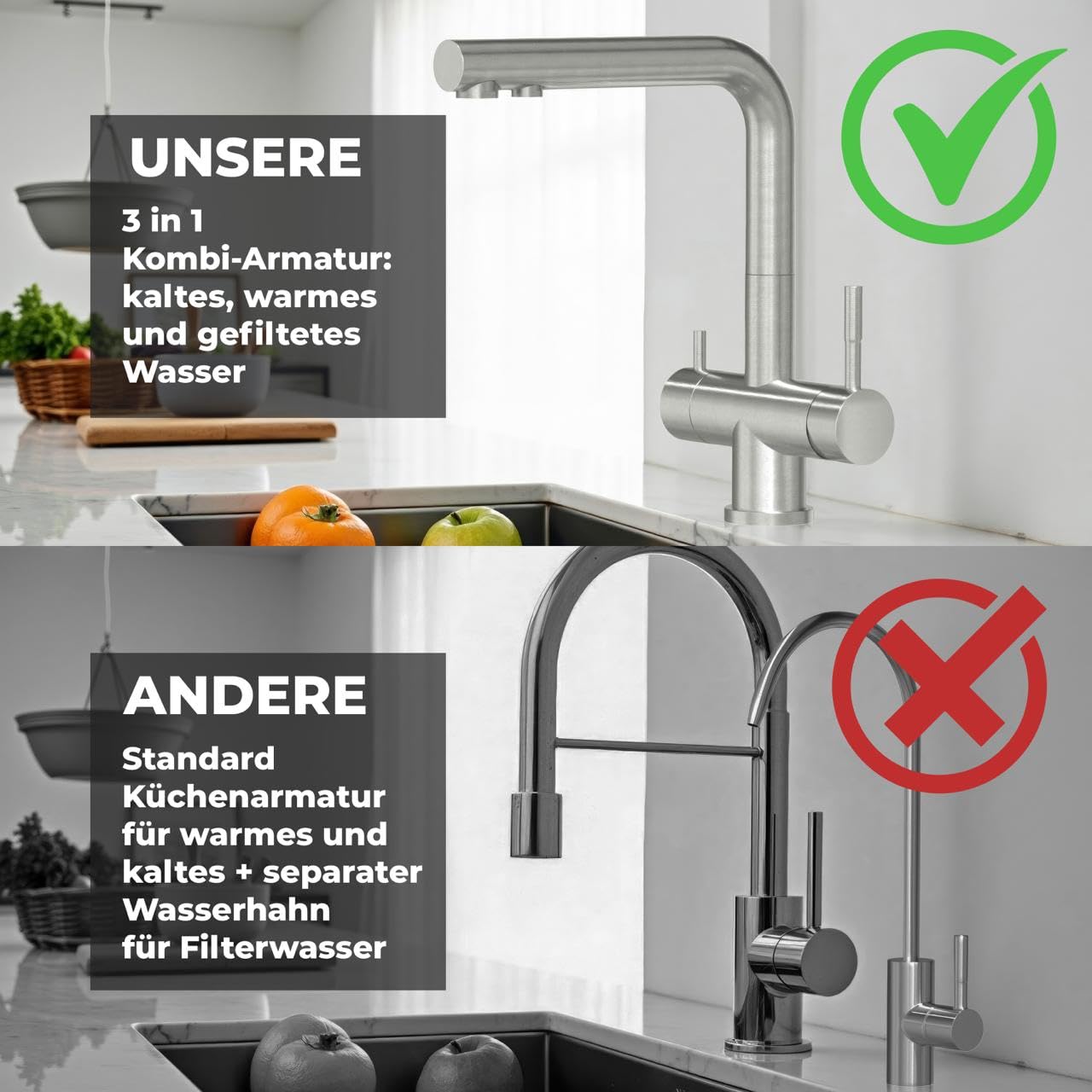 AORA® | LOUIS INOX 3-drożny kran ze stali nierdzewnej | armatura kuchenna obracana o 360° z masywnej stali nierdzewnej 304 | armatura zlewozmywakowa do filtrów wody, instalacji osmotycznych | kran filtra wody