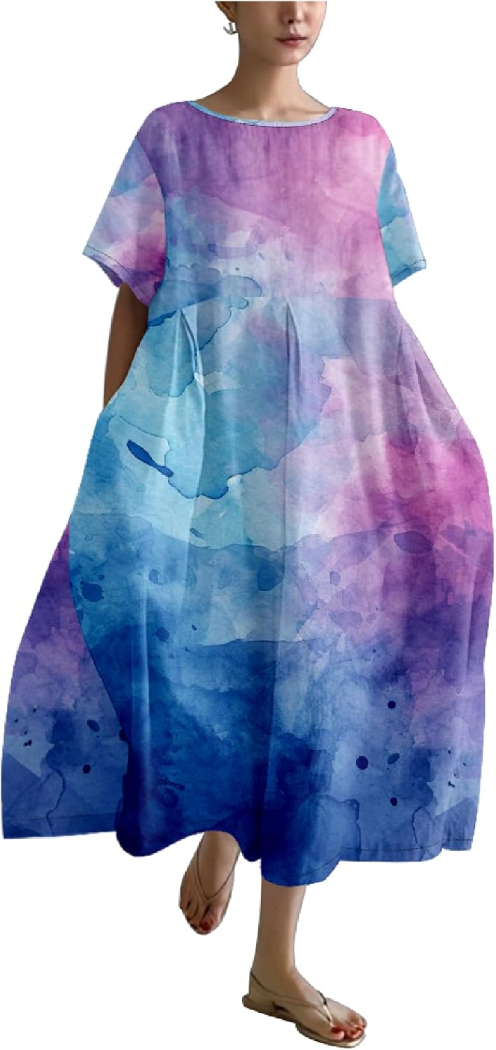 Womens Boho Summer Dresses Linen Casual Comfy Crew Neck Short Sleeve High Waisted T Shirt Dress Soft Sundress