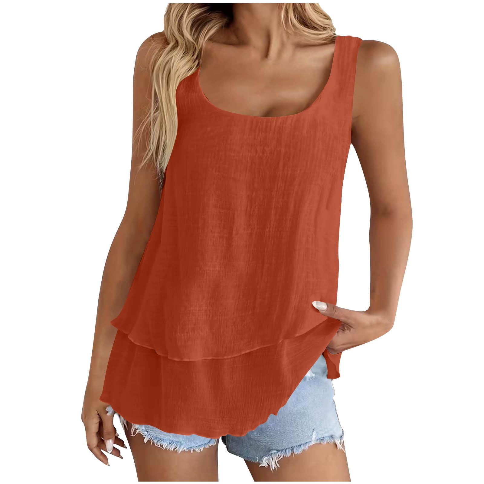 Tank Top Damen Sommer,V-Ausschnitt Doppelter Saum Leinenbluse Elegante Ärmellose Shirts Leinenshirt Baumwolle Einfarbige T-Shirts Basic Blusentop Musselin Tanktops für Urlaub Strand
