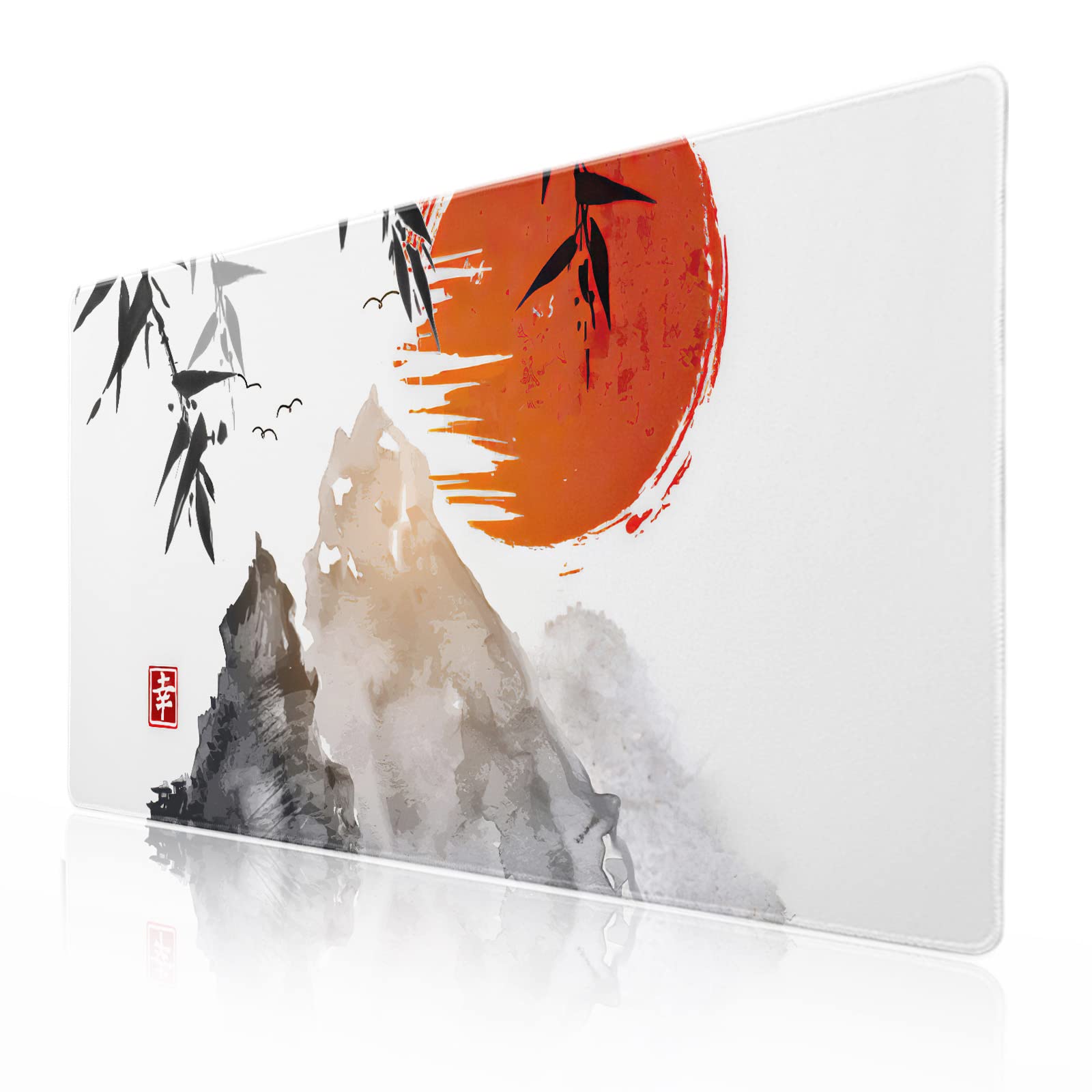 Japanese Ink Mountain Mouse Pad Black White Bamboo Sun Watercolor Sumi-E Extended Desk Mat 90X40 cm Non-Slip Rubber Base Stitched Edge Large XXL Playmat for Gaming Laptop Desktop,35.4×15.7 Inch — image 1