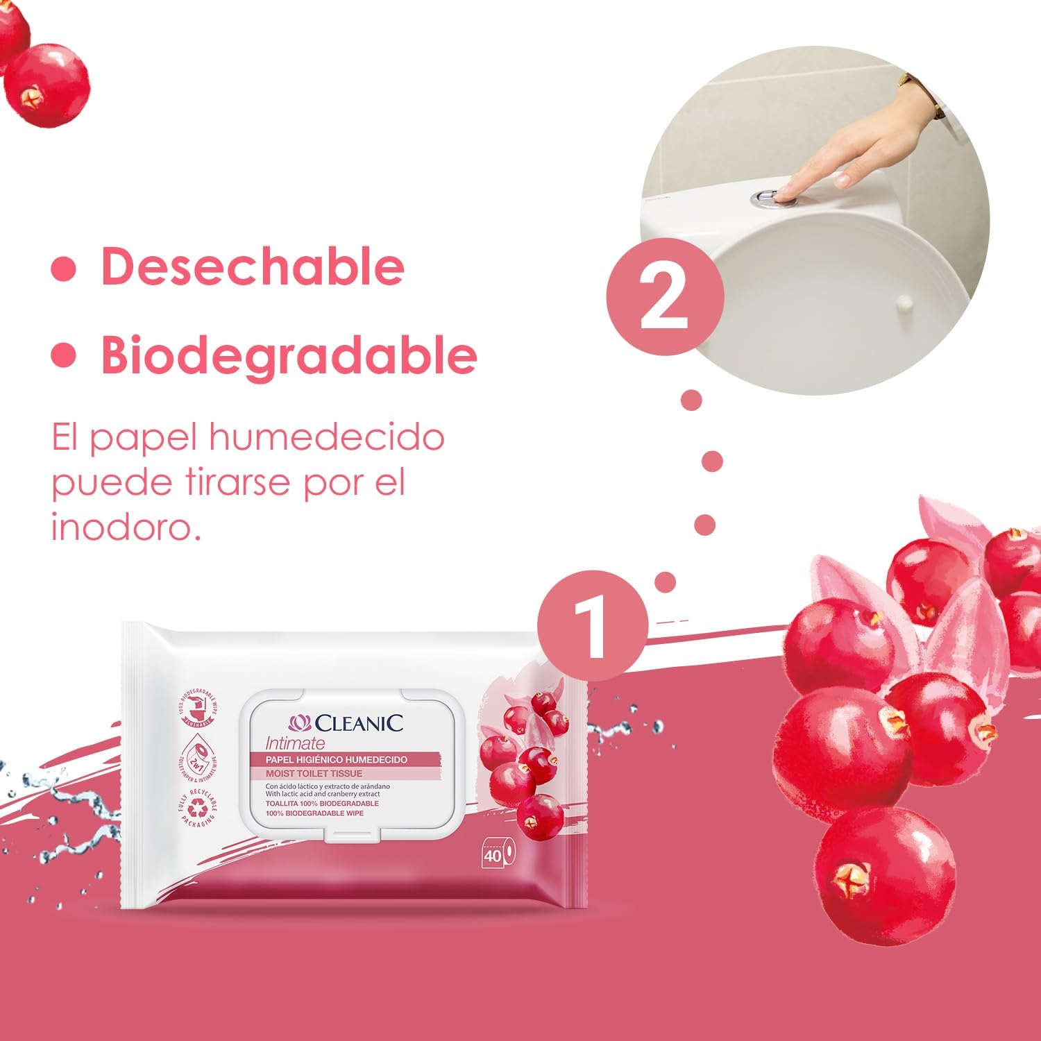 Cleanic Intimate Papel Higiénico Húmedo desechable - combina papel húmedo y toallitas. Limpia la zona íntima con extracto de arándano y prebiótico. 640 unidades (16x40)