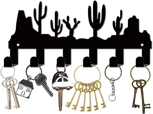 CREATCABIN Soporte para llaves de metal de cactus negro para pared, ganchos de metal para colgar llaves de hierro con 6 ganchos, organizador para