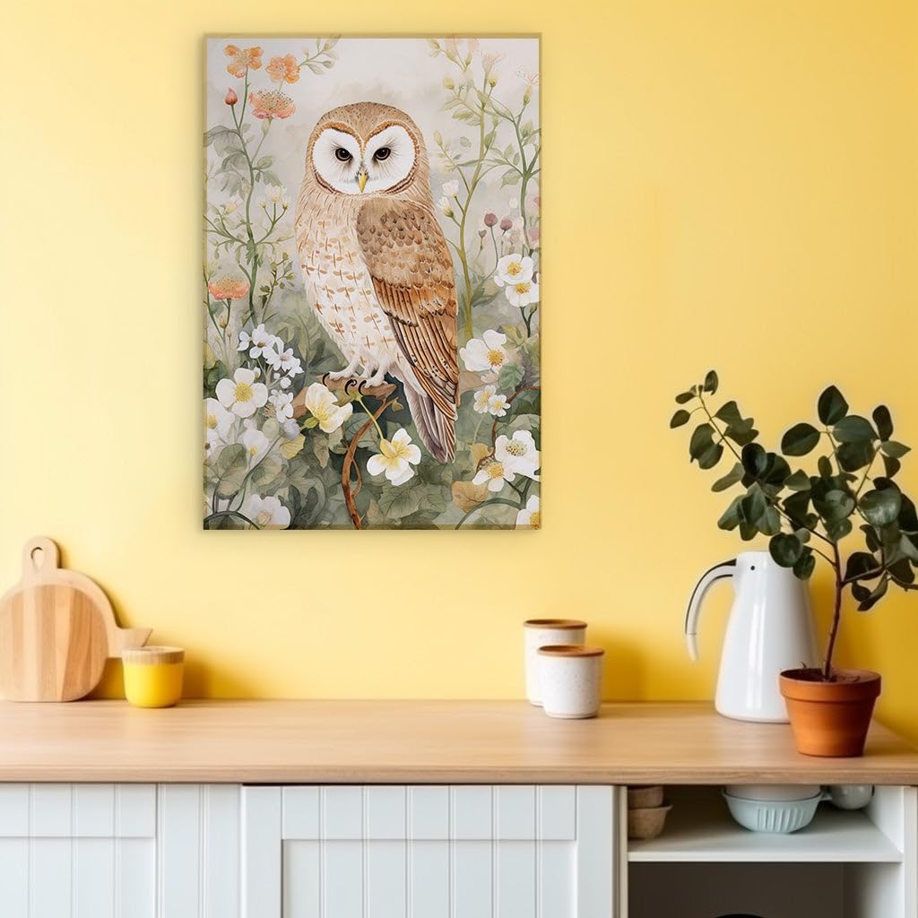 Canvas for Living room. Whimsical Perch Vibrant Contrast in Owl in Flowers by Tyler Dillinger, 27 x 18 inch Canvas Wall Art - Botanical Home Decor - 69x46 cm (27x18 inch)