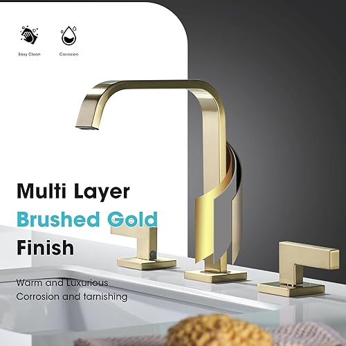 Miniatura 8 de TRUSTMI Grifo de baño dorado, grifo de lavabo de baño de 2 manijas y 8 pulgadas, grifo de baño de latón de 3 agujeros, grifo de tocador cuadrado