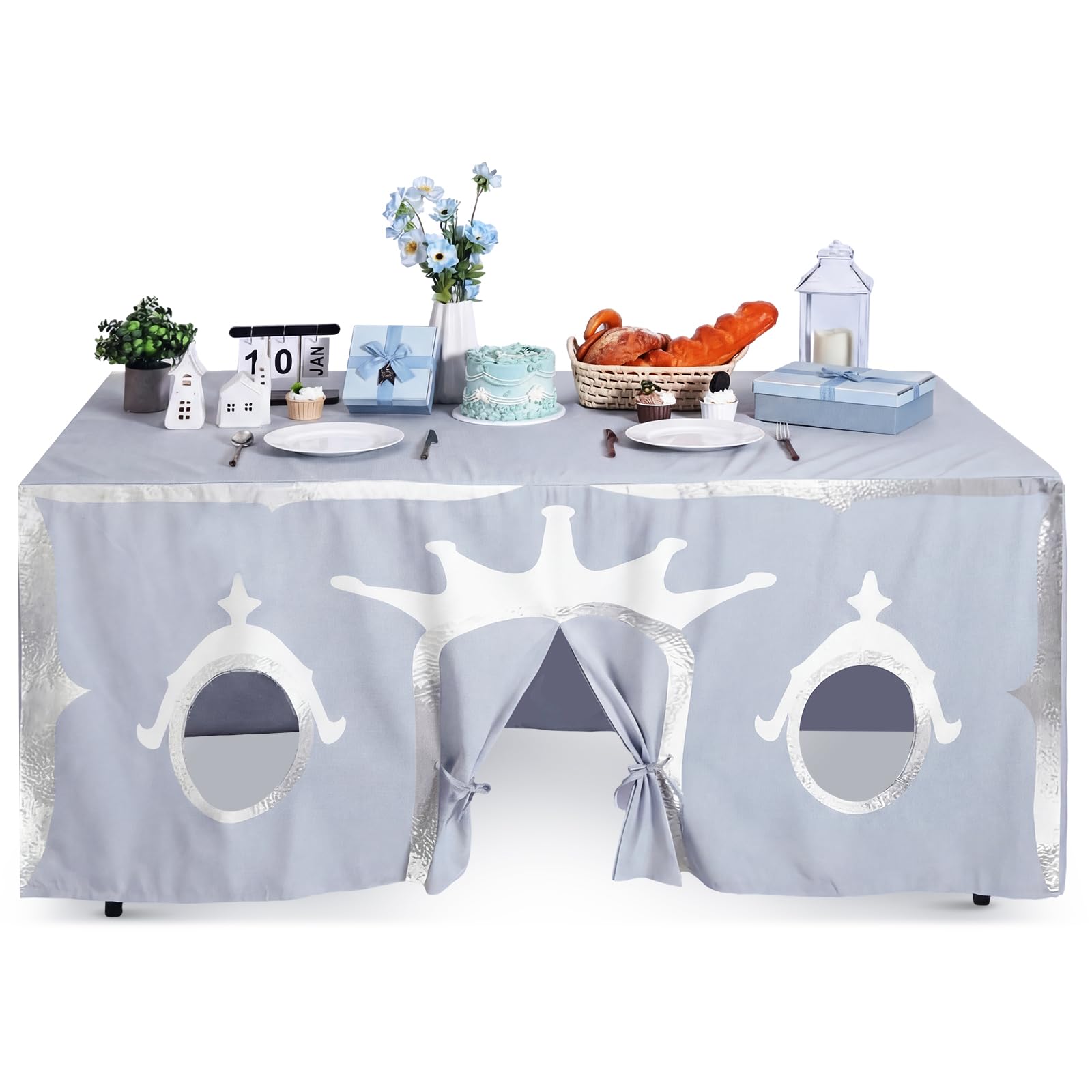 Oudain 10ft x 7.5ft Large Playhouse Table Cloth Table Fort Tent Cover Playhouse Indoor Outdoor Tablecloth for Birthday Party Playground Play Accessory (Blue Silver Color, Princess Style) โ image 1