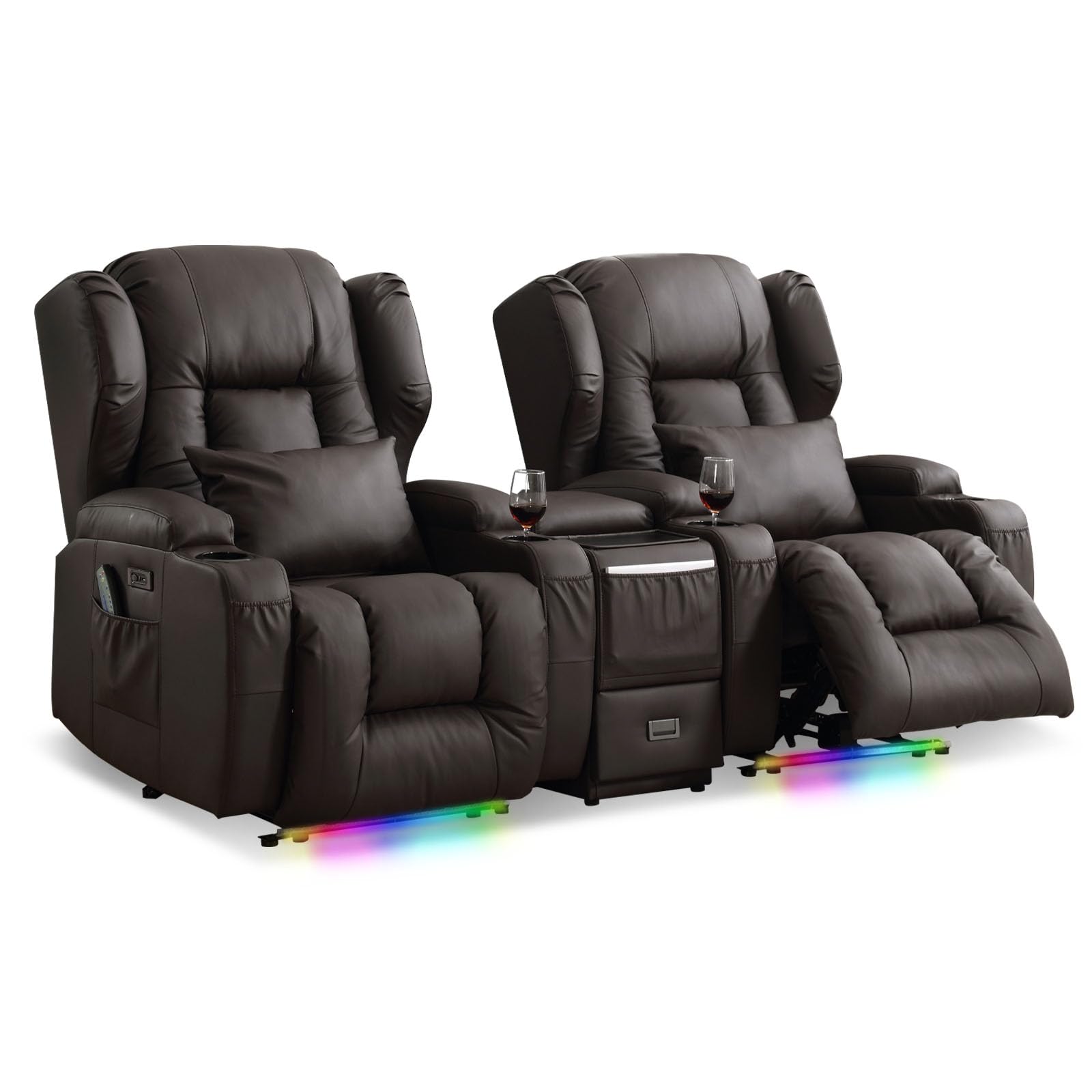 DRMBOOK Power Recliner Chair, Electric Wall Hugger Reclining Sofa with Massage &amp; Heat, Overstuffed Theater Seating with LED/USB Port/Cup Holders for Living Room (Leather Brown, 2 Chairs with Console)
