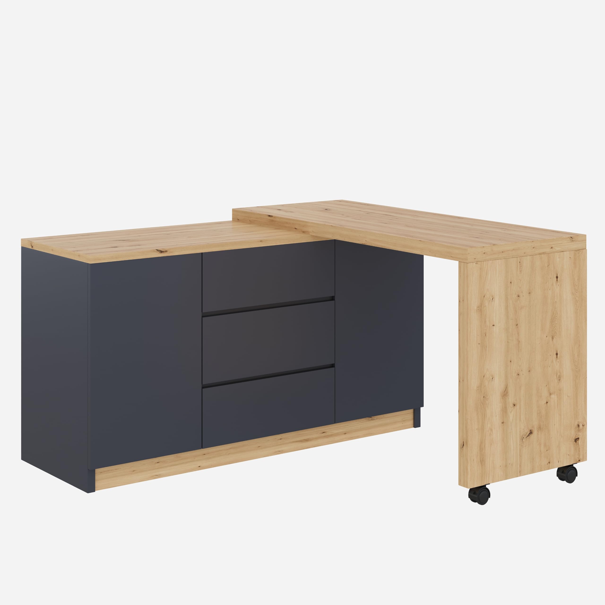 Scrivania con ruote bloccabili, design multifunzionale, 4 cm di spessore, piano girevole bloccabile, scrivania pieghevole, scrivania angolare, credenza (grigio + rovere)