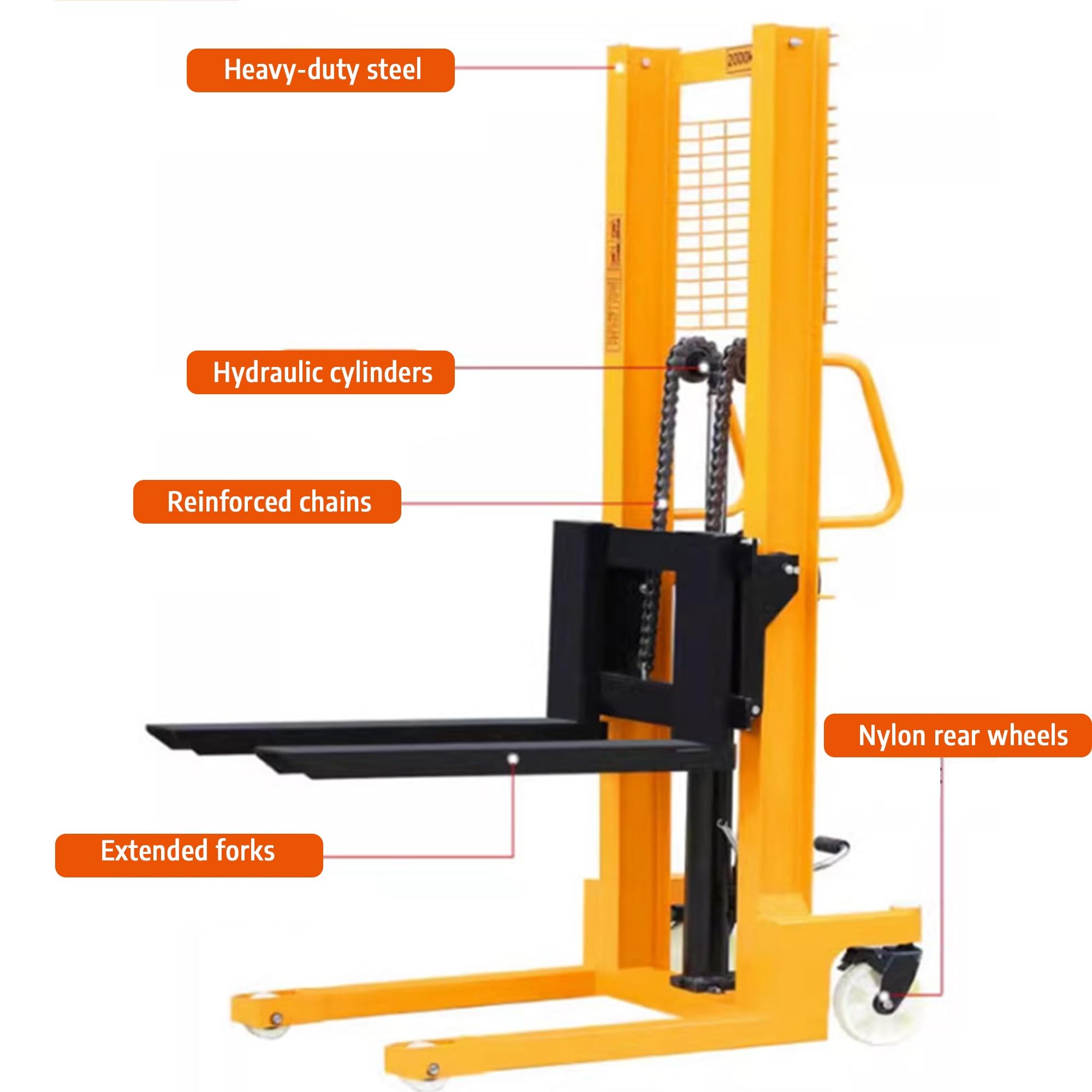 Carretilla elevadora manual con apilador manual | Elevador de material hidráulico de 4409 libras | Ruedas de nailon | con horquillas ajustables adecuadas(Lift height 160 cm/63”)