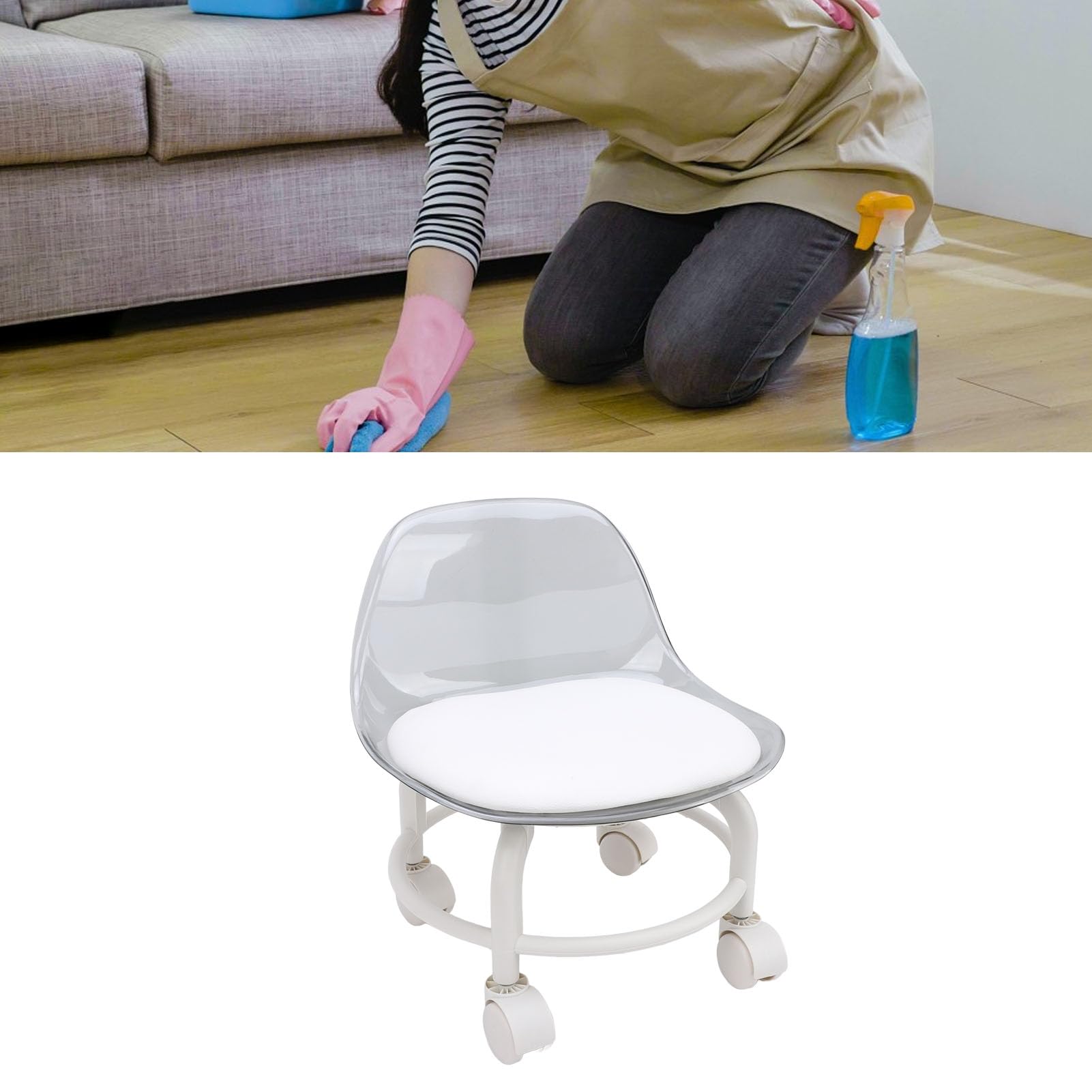 Alomejor Petit Tabouret Roulant Bas en Acrylique avec Support Dorsal et Roues silencieuses. Mini Roulant Flexible pour Salon de Spa (Blanc Transparent)