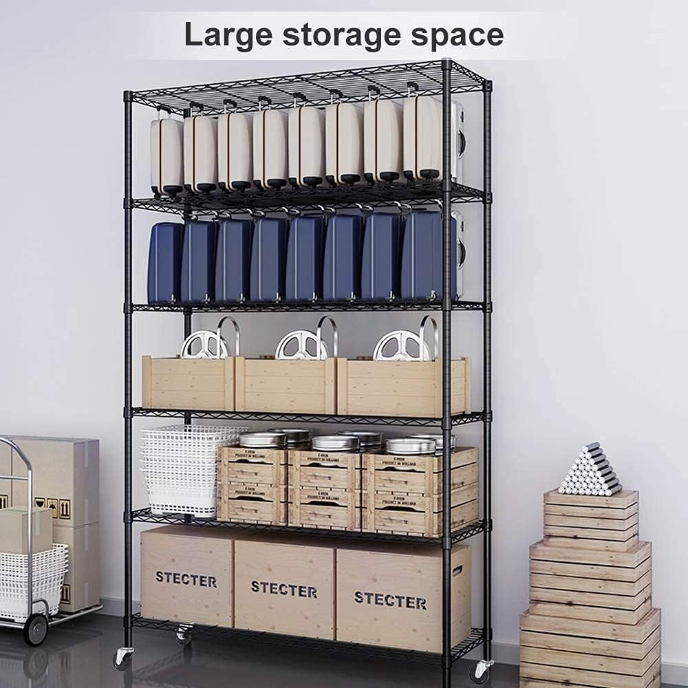 2100LBS Shelf Wire 82"x48"x18"Heavy Duty Metal Shelves for Storage, Shelving Unit, Height Adjustable Garage Rack, 6 Tier Storage Shelves with Wheels/Feet Levelers, Black