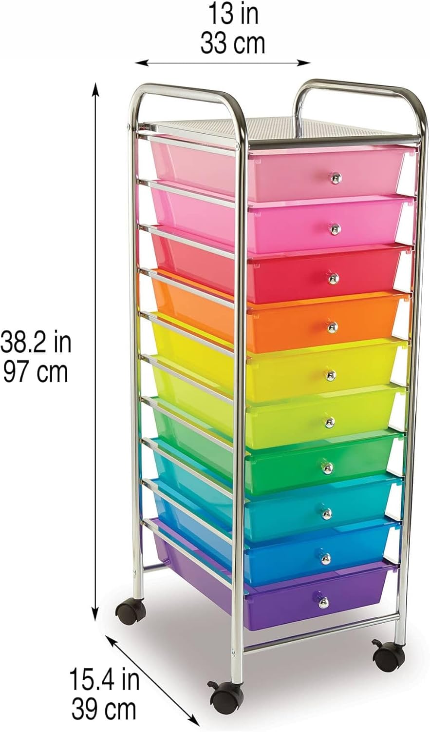 Simply Tidy 10 Drawer Rainbow Rolling Cart - Mobile Organizer with Removable Drawers, Swivel & Locking Casters, Durable Tubular Frame - 1 Set