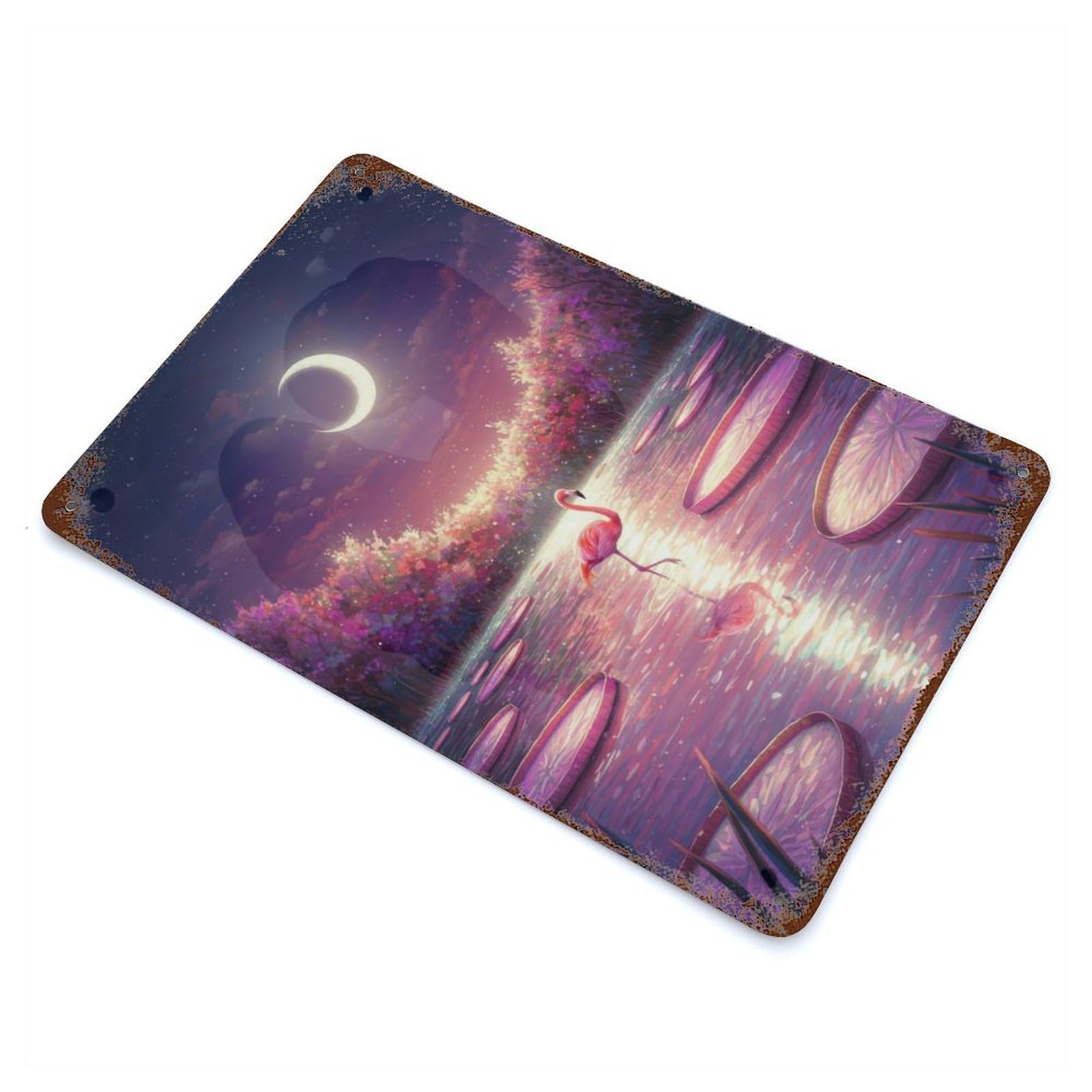 Flamingo in A Dreamy Lily Pond Decorative Tin Sign 11.8"x7.9", Ideal for Basement, Hobby Room And Garage Decor
