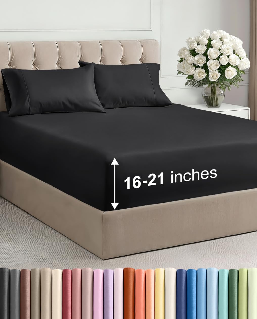 Extra Deep Pocket Cal King Size Sheet Set - 4 Piece Breathable & Cooling Bed Sheets - Hotel Luxury Bedding with 16 to 21 inch Extra Deep Pockets - Soft, Fade and Wrinkle Resistant - Oeko-Tex - Black