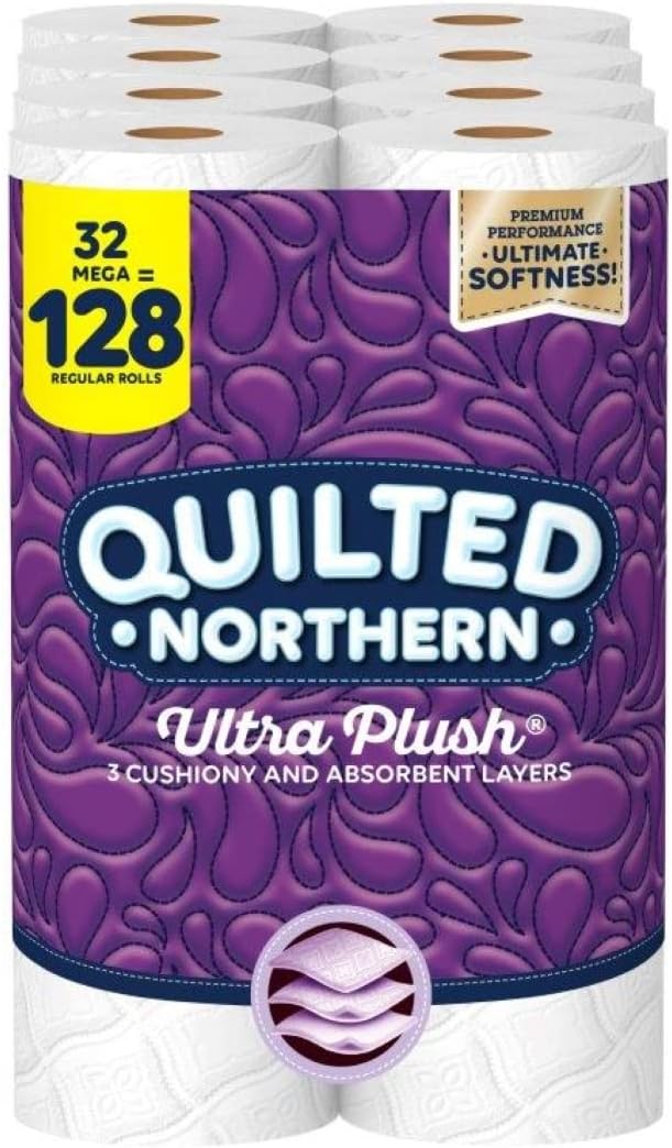 Ultra Plush Toilet Paper, 32 Mega Rolls = 128 Regular Rolls, 3-Ply Bath Tissue (Packaging May Vary), 8 Count (Pack of 4)
