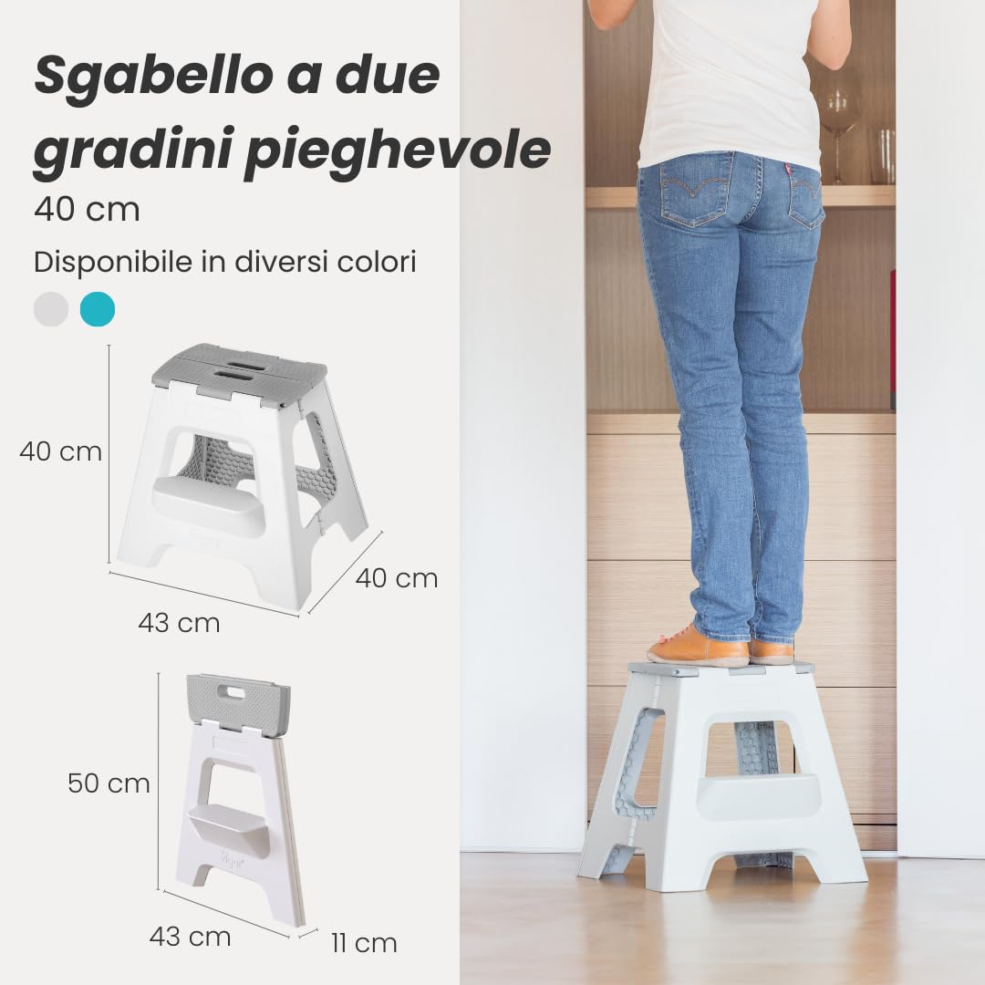 Vigar Compatto Sgabello Pieghevole per Adulti, 40 cm, 2 Gradini, Sgabello Pieghevole Portatile Antiscivolo per Casa, Cucina, Bagno, Campeggio, Doccia, Supporta fino a 150 kg, Grigio