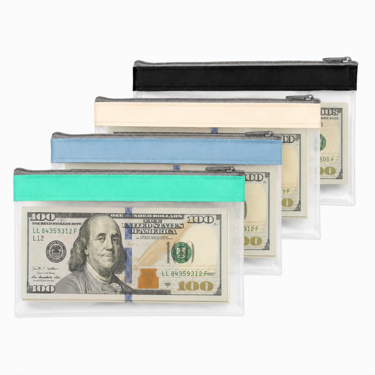 4Pcs Money Bags with Zipper, 8.4×4.3 inch Clear Cash Envelopes for Banking UK, Plastic Coin Bag Small Receipt Holder for School Office Travelling (Cyan, Haze Blue, Off-White, Black)