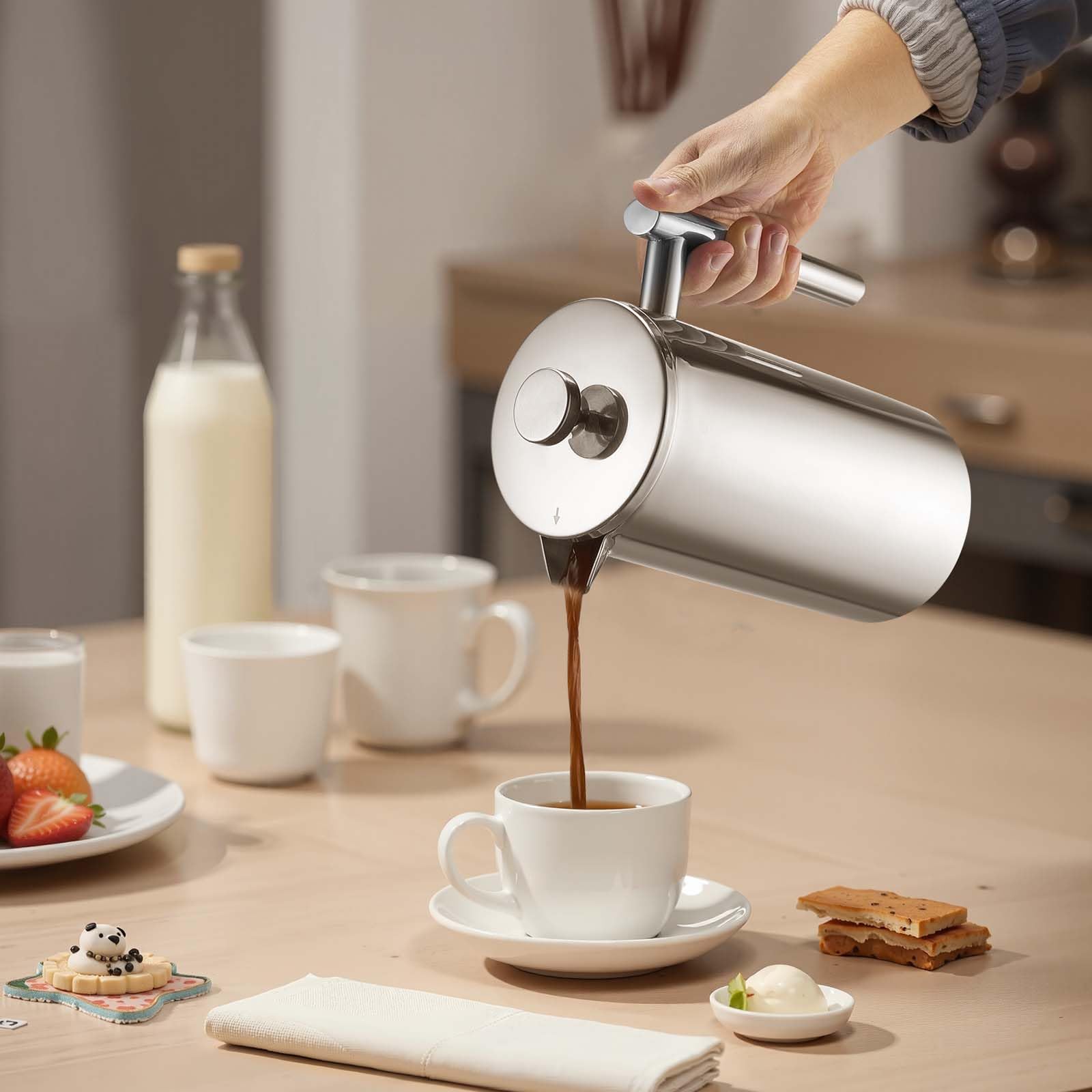 VEVOR Cafetera de Prensa Francesa de Acero Inoxidable, 1,5 L, con Filtro, Grande, de Doble Pared, con Aislamiento, para Café Frío, para Camping, Viajes, Hogar, Cocina, Plata, 190 x 115 x 245 mm