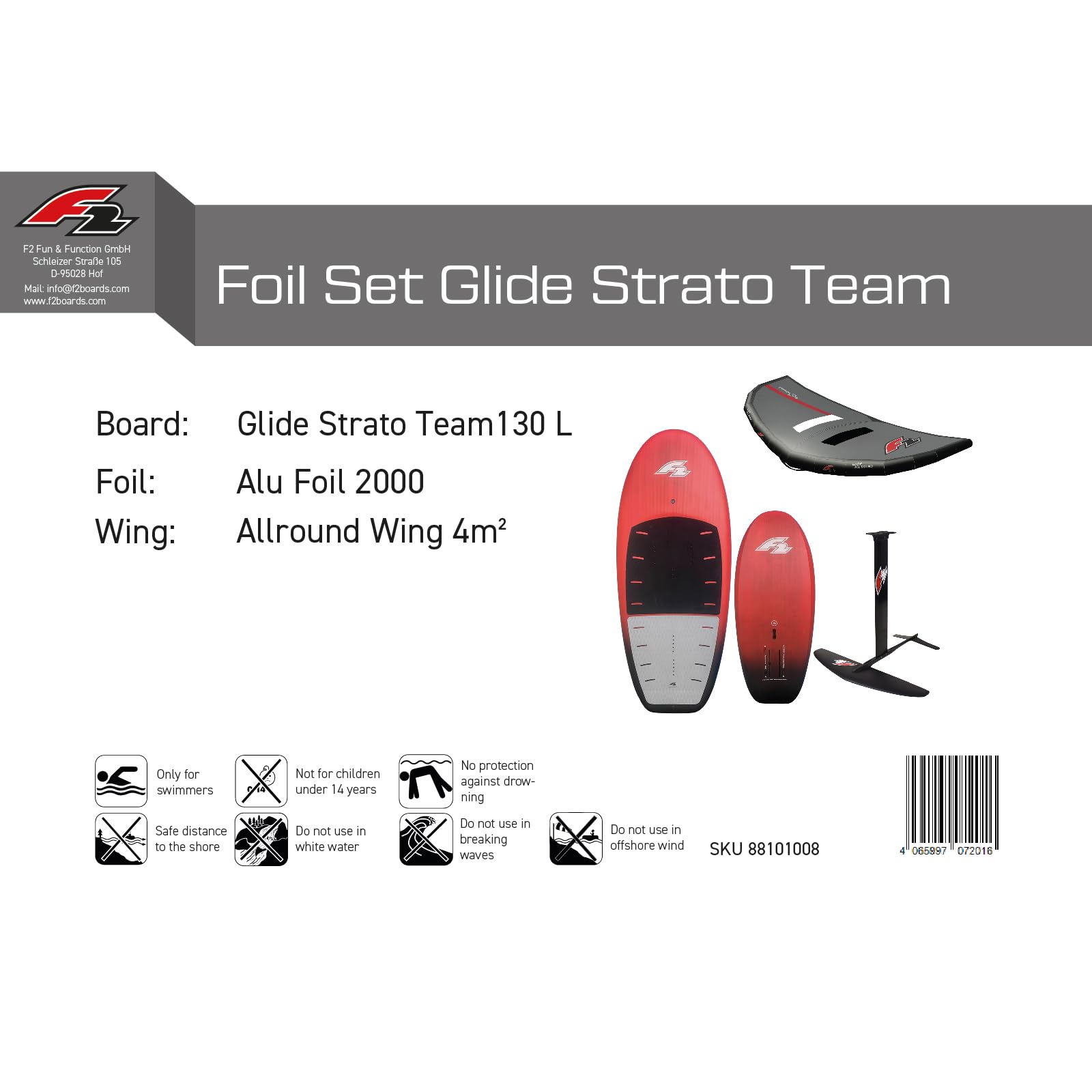 F2 Set Foilboard Glide Strato Team Rot 130L + Alu Foil 2000 + Wing 4qm