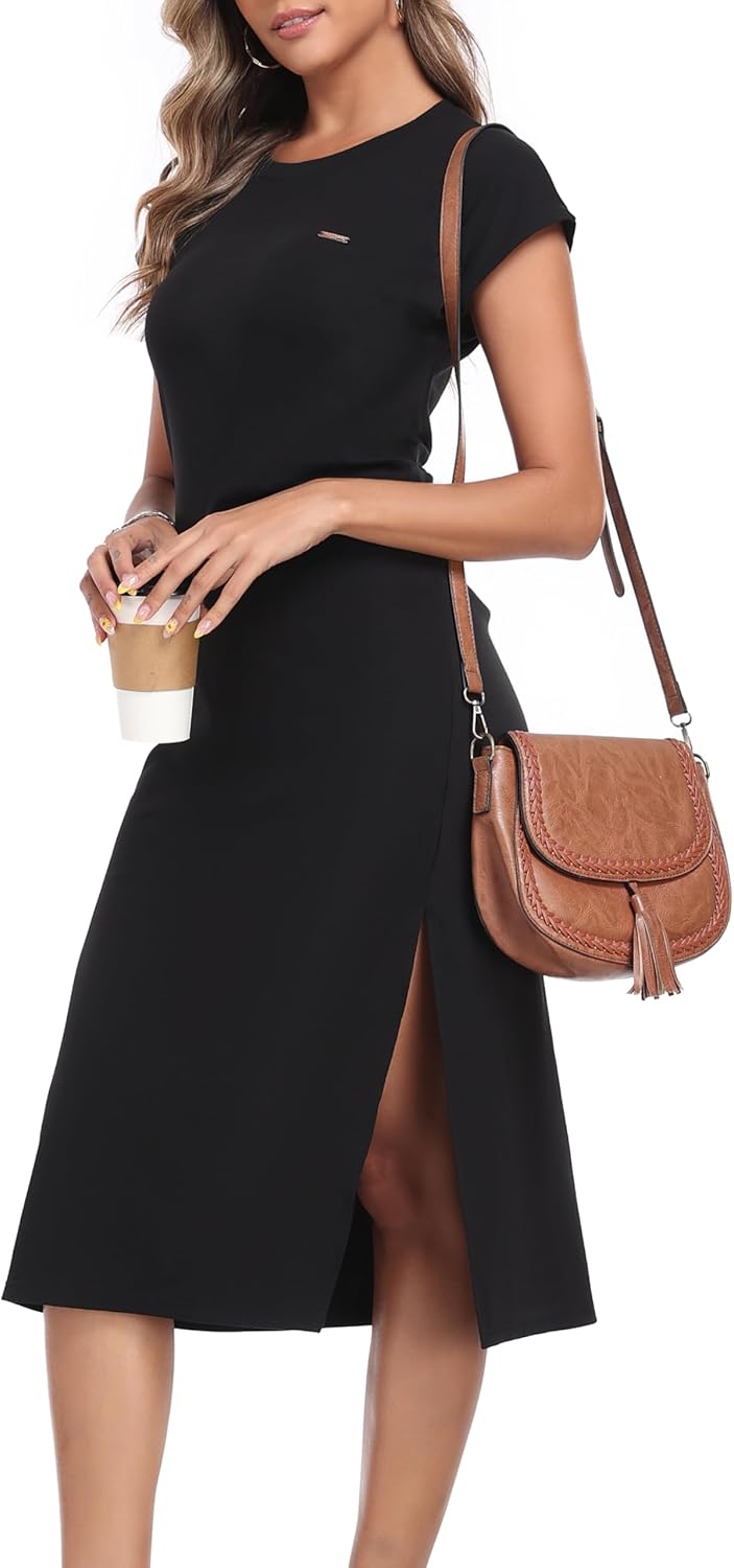 Women's Wear to Work Dresses Crew Neck Waist Pleats Slit Casual Office Dress - Image 2