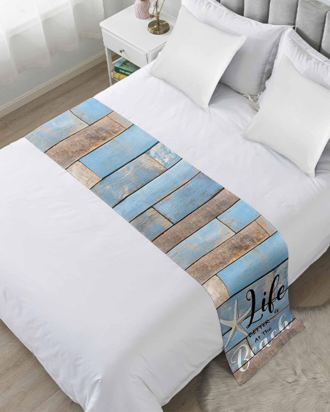 Twin Bed Runner Nautical Starfish Wooden Board Bedding Runner Scarves Decorative Bed Scarf, Summer Ombre Ocean Soft Bedding Scarf for Bedroom Hotel Wedding 102x20in