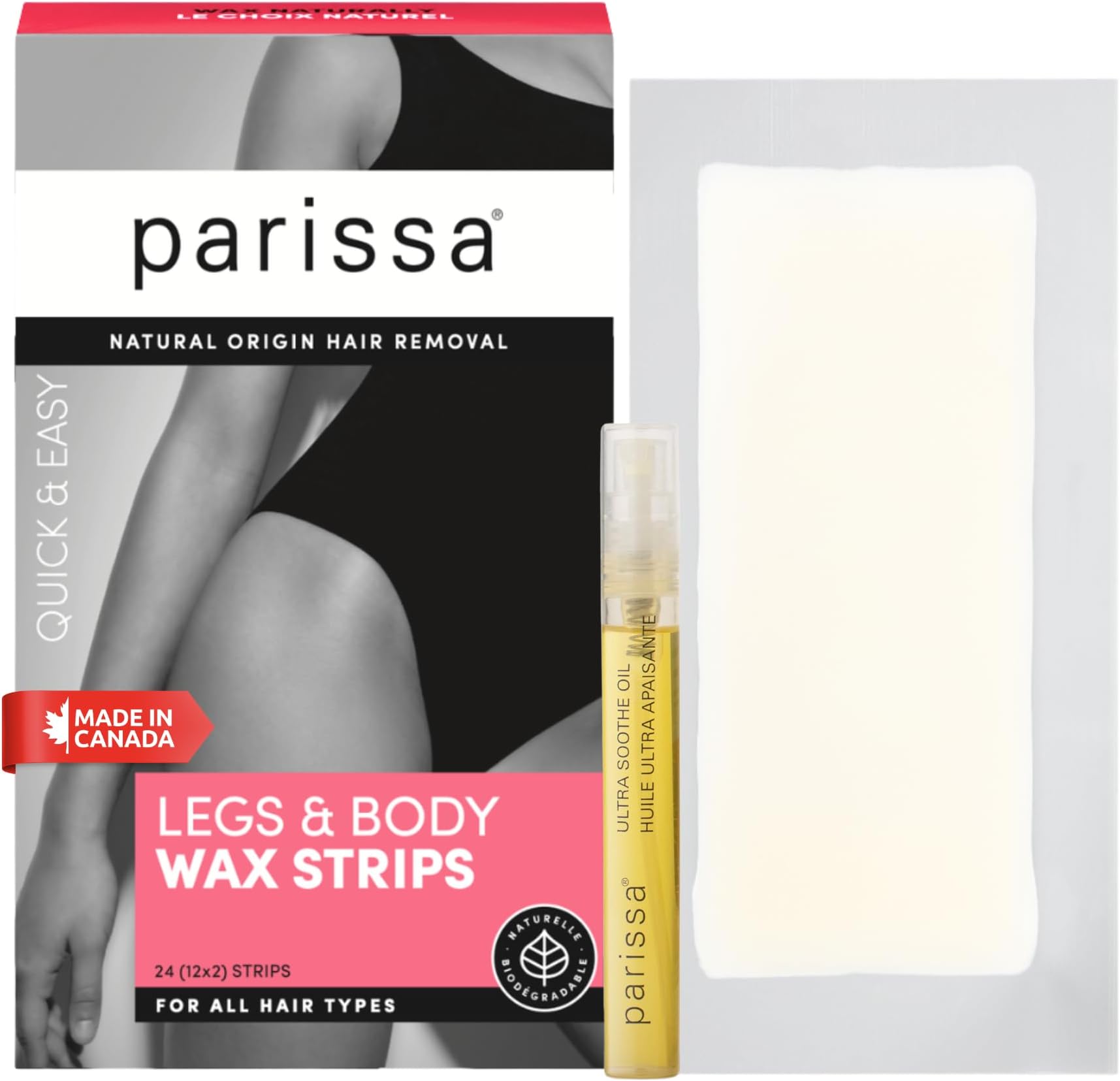 Parissa Body & Leg Wax Strips, 24 Large Ready-to-Use Hair Removal Strips | No Heat Wax for Legs, Arms, Underarms & Bikini | Gentle on Sensitive Skin | Includes Ultra Soothe Oil