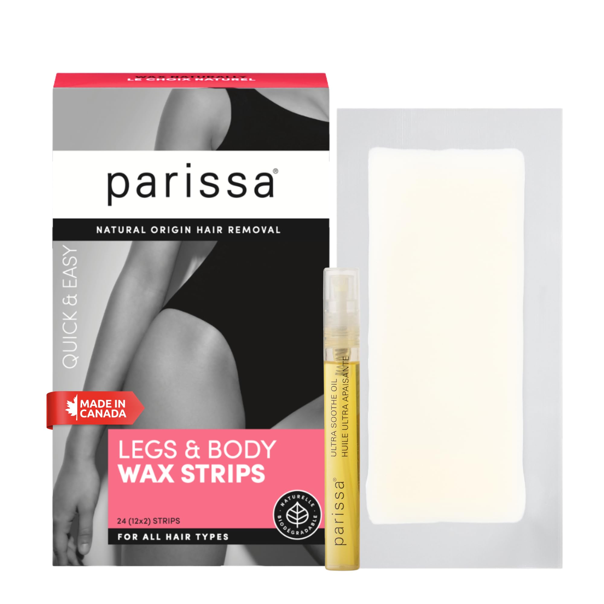 Parissa Body & Leg Wax Strips, 24 Large Ready-to-Use Hair Removal Strips | No Heat Wax for Legs, Arms, Underarms & Bikini | Gentle on Sensitive Skin | Includes Ultra Soothe Oil