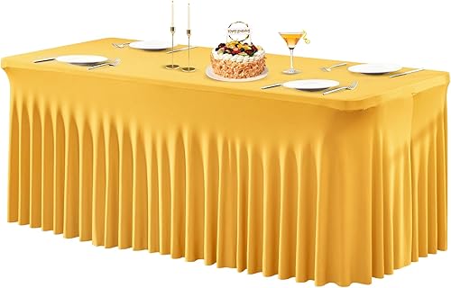 Miniatura 2 de Faldas de mesa de elastano dorado para mesas rectangulares de 4 pies, mantel plegable elástico dorado para bodas, fiestas de cumpleaños, banquetes,