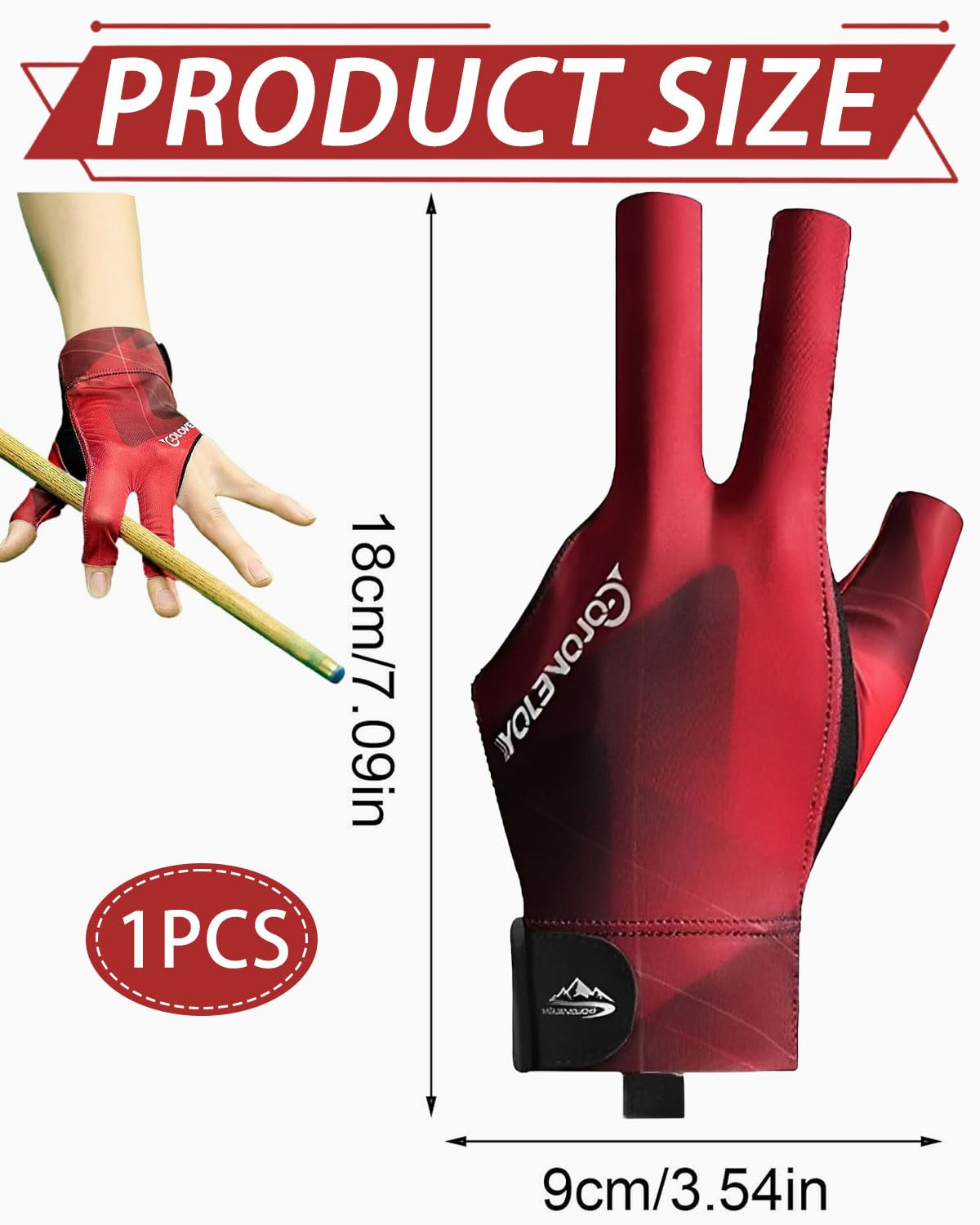 Guanto da biliardo sinistro antiscivolo 3 dita per tiro e allenamento Nero Rosso