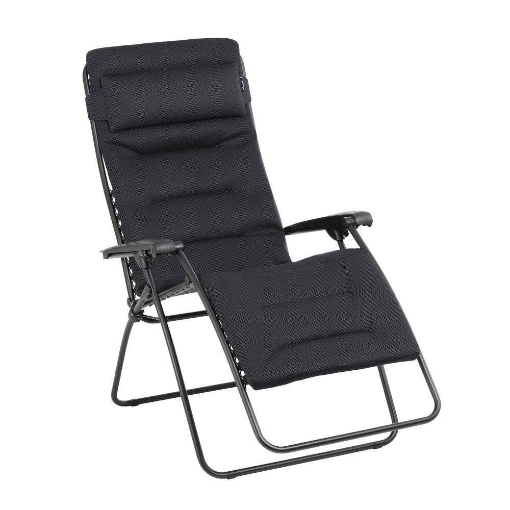 Lafuma Ensemble Fauteuil Relax matelassé XL avec Ombrelle et Porte-Gobelet | Fabriqué en FRANCE - Garantie 5 ans - Noir - Maintien ferme de tout le dos, Idéal pour grands gabarits 180 cm