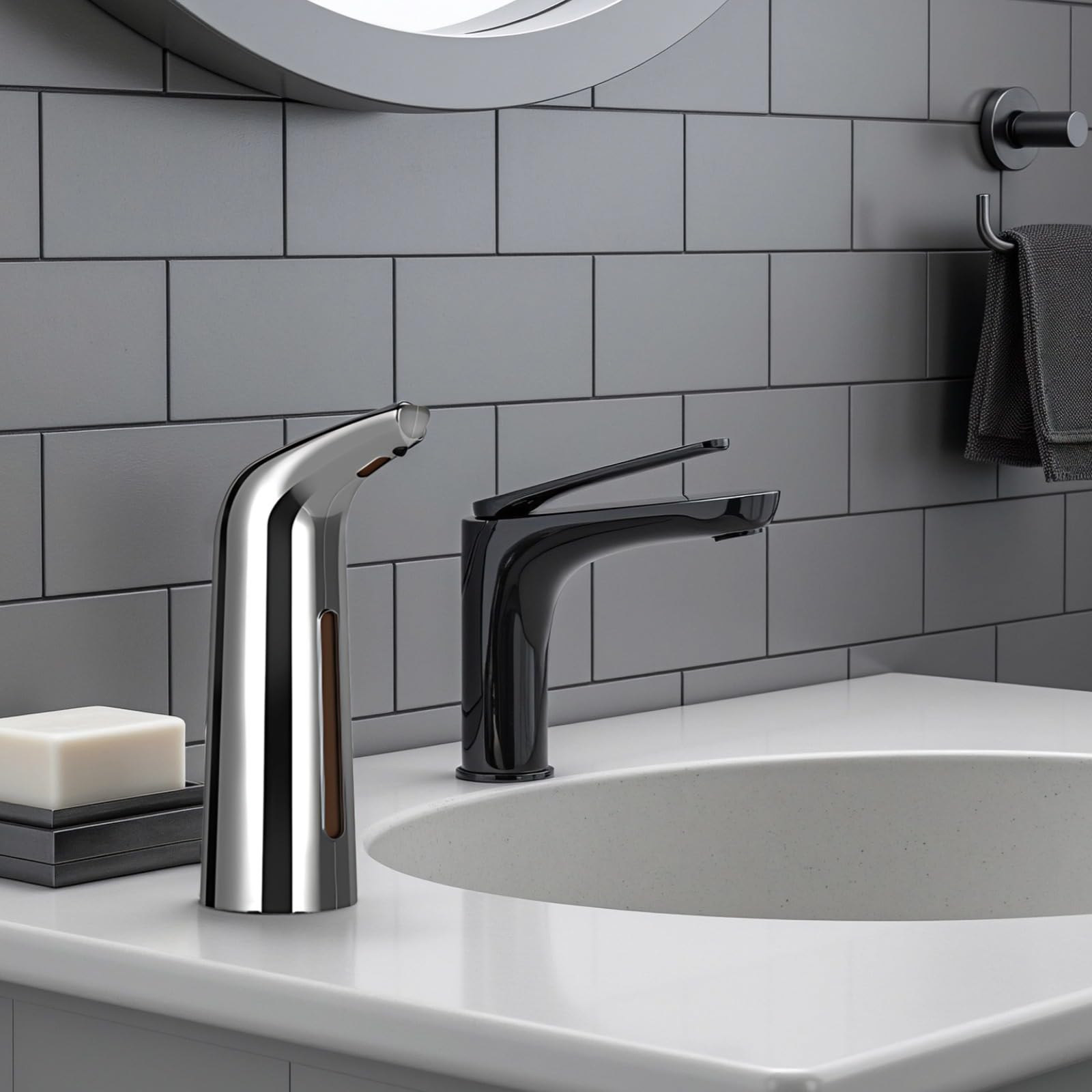 Dispensador automático de jabón con sensor infrarrojo sin contacto para fregadero de baño y cocina, 400 ml, gran capacidad, diseño impermeable IPX7, fácil de limpiar, estética plateada moderna