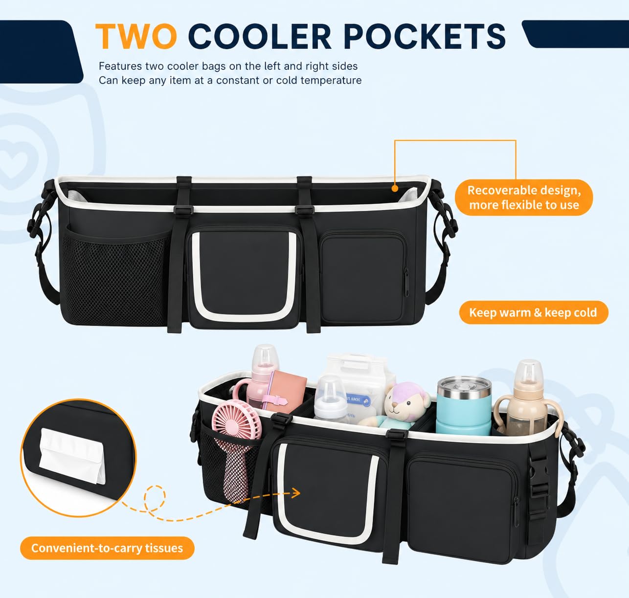 Organizador universal para cochecito de bebé, con portavasos aislados, para pañales y juguetes, adecuado para todos los modelos de vehículos todoterreno