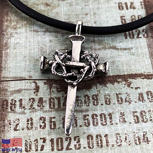Forgiven Jewelry Nail Cross Crown Of Thorns Pewter Antique Silver Metal Finish Pendant Black Rubber Cord Necklace #TOP3