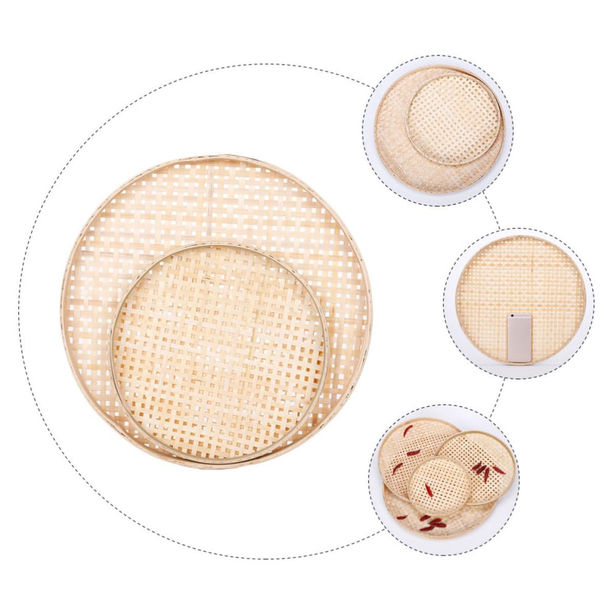 Cesti in Bambù Intrecciati Artigianalmente 2 Pezzi, Forma Rotonda, Tessitura Artistica Naturale, per Cucina e Decorazione Casa Fattura