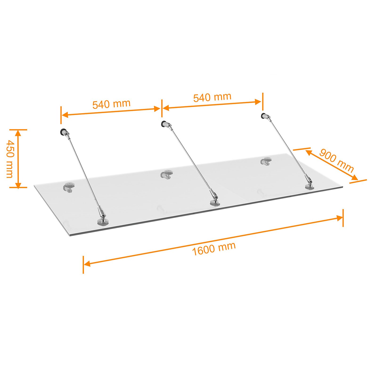 Schulte V2012-40-18 Glasline Davita 2.0 Vordach, 160 x 90 cm, 12 mm Verbundsicherheitsglas klar, Punkthalterungssystem aus Edelstahl, Echtglas-Vordach