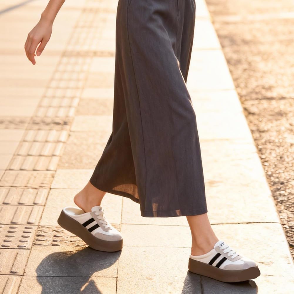 Backless Mules for Women - Slip on Platform Canvas Mules - Comfortable Flat Loafer - Easy On Off Casual Shoe - Non Slip Lace Up Breathable Mesh Casual - Image 3