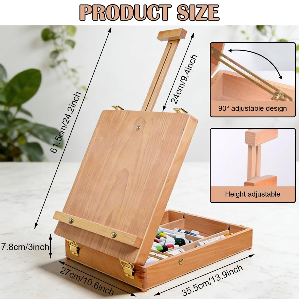 Caballete de mesa de madera de haya, caja de bocetos portátil con función de almacenamiento, caballete de escritorio ajustable para pintar y dibujar, caballete de mesa para estudiantes y artistas