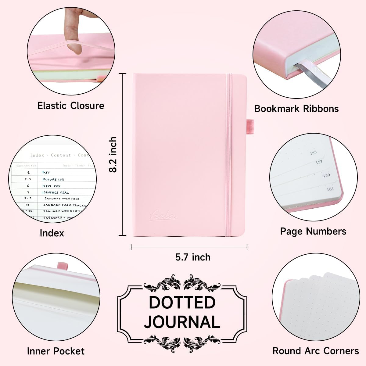 feela Dotted Journal Kit, Dot Grid Journal Hardcover Planner Notebook Set For Beginners Women Girls Note Taking with Journaling Supplies Stencils Stickers Pens Accessories, A5, 224 Pages, Pink - Image 2